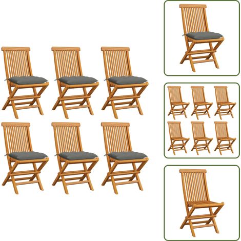Gartenstühle mit Grauen Kissen 6 Stk. Massivholz Teak - Gartenstühle - Teakholzmöbel - Outdoormöbel - Esszimmerstühle - Balkonmöbel (1/5)