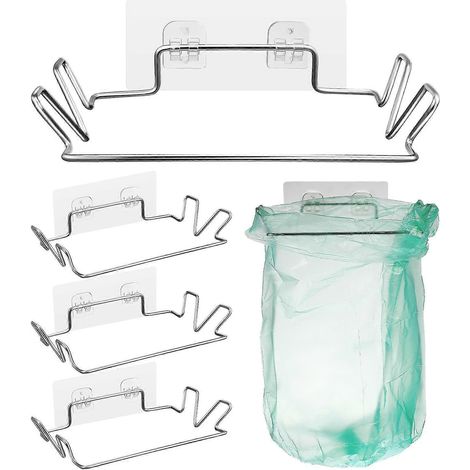 Lot de 4 supports de sacs poubelle en acier inoxydable avec autocollants pour la cuisine et la salle de bain (1/4)