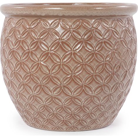 Vaso in ceramica artigianale beige lucido Ø 30,5 cm con rilievo a monete, per interno ed esterno (1/5)