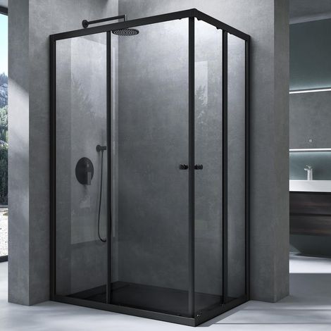 Mai & Mai Duschkabine mit Doppel-Schiebetür Duschtür 140x75cm Eckeinstieg Echtglas Lotuseffekt ESG-Sicherheitsglas Ravenna16K Schwarz