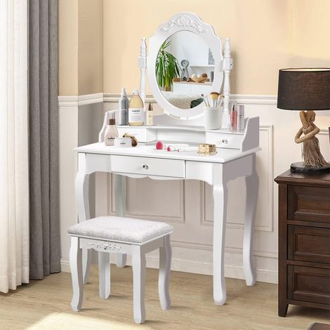 COSTWAY Coiffeuse avec Tabouret Rembourré, Table de Maquillage de Style Vintage avec Miroir Ovale Pivotant à 360°, 3 Tiroirs et Dessus Amovible, pour Chambre, Salon, Vestiaire, Blanc (1/4)