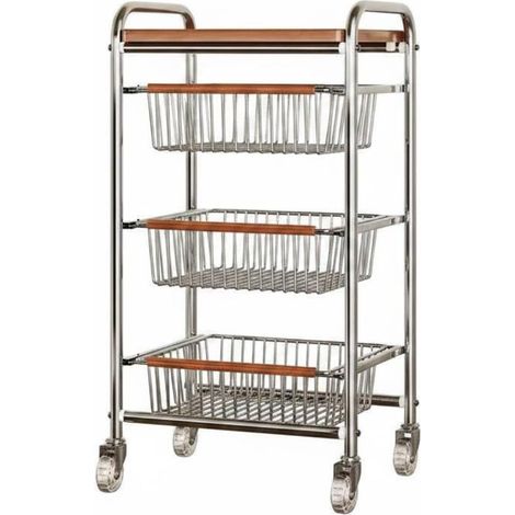 Kitchen Storage Cart, Rolling Trolley, Serving Basket, Carbon Steel Frame and Wooden Top, Baskets and Easy to Move, Crystal, Large 4 Layers (1/5)
