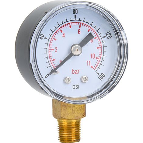 Manomètre mécanique, raccord inférieur 1/8 pouce BSPT, convient pour l'air, l'huile et l'eau (0-160 psi 0-11 bar). (1/5)