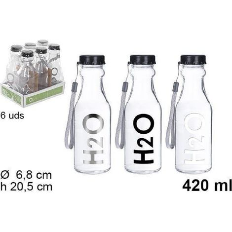 TrAdE Shop Traesio - Set 6 Pz Bottiglia D'acqua H2o Vetro Trasparente 420ml Borraccia Laccetto 109286 -