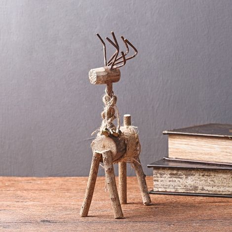 Statuette Cerf - Bois Naturel - Décoration Vintage Noël - Bureau Salon Chambre - 13 x 6 x 27 cm - Lot de 1 (1/5)