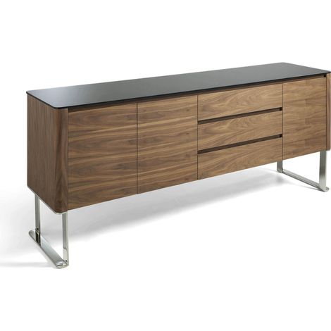 Buffet bois dessus en verre trempé noir 3 tiroirs - Marron, noir (1/5)