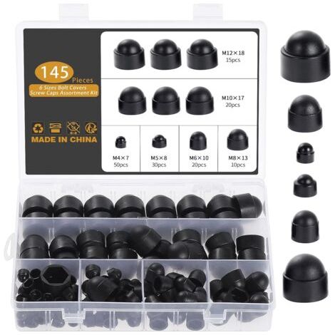 145 Pièces Cache Ecrou, M4 M5 M6 M8 M10 M12 Cache Boulon Noir Bouchon Ecrou Cache Tete de Vis Capuchon Ecrou, Hexagonal Protection Cache pour Écrous Vis Boulons (1/5)