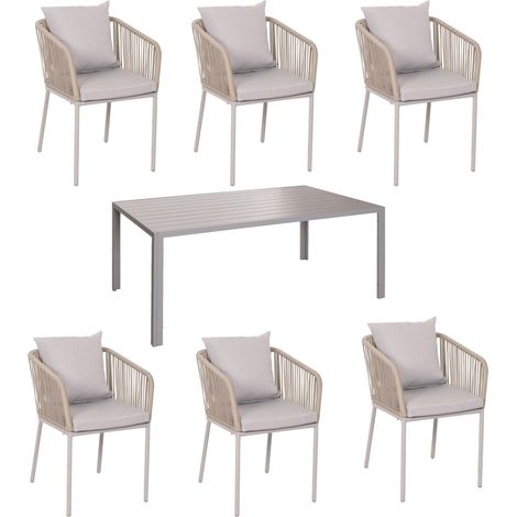 [NEUWERTIG] Gartengarnitur HHG-616, Tisch+6xStuhl, wetterfest Alu 180x80cm, Seilgeflecht Rope grau Kissen grau