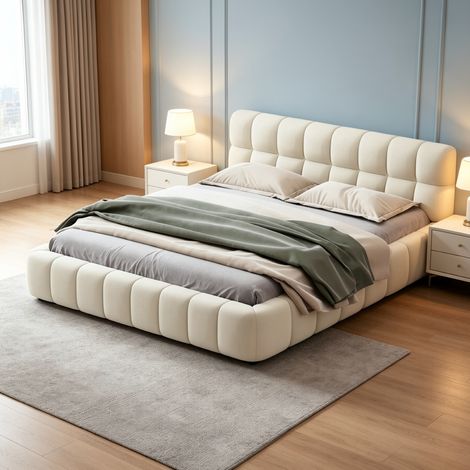 Lit adulte 160x200 cm, Lit double capitonné avec dossier moelleux, Lit plat avec sommier à lattes en bois, Lit bubble bas, Style scandinave, Lin, Beige