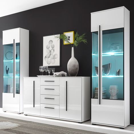 Wohnwand Set COLORADO-61 in weiß Hochglanz mit 2 Vitrinen inkl. LED und großem Sideboard BxHxT: 300x200x42cm (1/5)