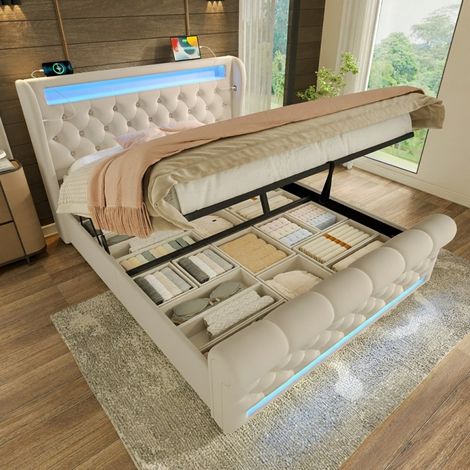 Lit Double 140x190 Velours Beige avec LED, Rangement Hydraulique, USB-C et Tête de Lit Capitonnée
