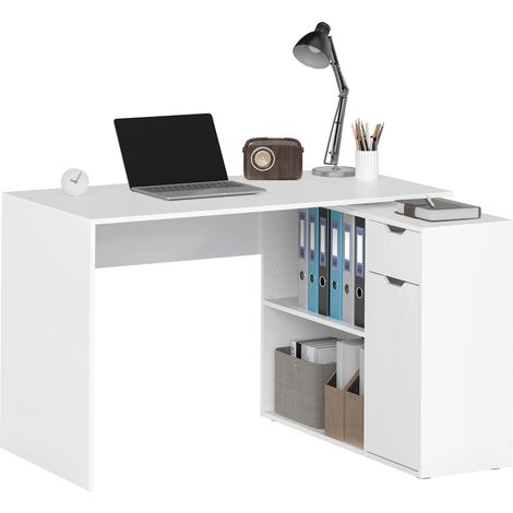 Bureau modulable avec caisson 2 niveaux, tiroir et compartiments ouverts, bois blanc (1/5)