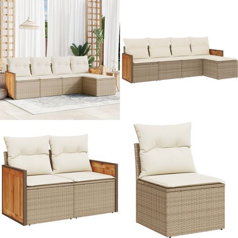 5-tlg. Garten-Sofagarnitur mit Kissen Beige Poly Rattan - Gartensortiment - Gartenmöbelset - Lounge Set - Rattan Möbel - Gartenlounge - Home & Living (1/5)