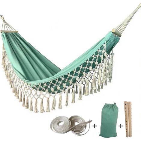 Hamac Anti-Basculement avec Franges Vert Menthe 270x100cm Barres en Bois Sangle Attachage 2 Pièces pour Extérieur Camping Jardin (1/5)