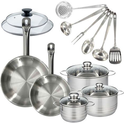 Set 2 poêles 24 et 28 cm en inox et couvercles, 3 faitouts inox 16, 20 et 24 cm et 6 ustensiles inox Fackelmann Eterna (1/5)