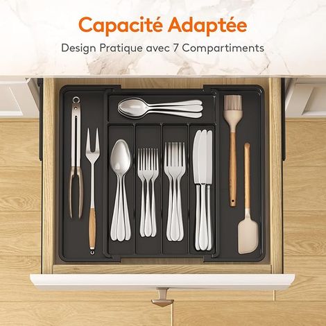 Tiroir couverts boîte de rangement, plateau de couverts rétractable, boîte de rangement de cuisine réglable, boîte de rangement compacte pour cuillère, fourchette, 13 - 22.4 15cm, paquet de 1 pièce, (1/5)