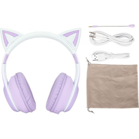 Faltbares kabelloses Bluetooth-Gaming-Headset mit Katzenohren, abnehmbarem Mikrofon und LED-Beleuchtung, lila 3,5-mm-Kabel (1/5)