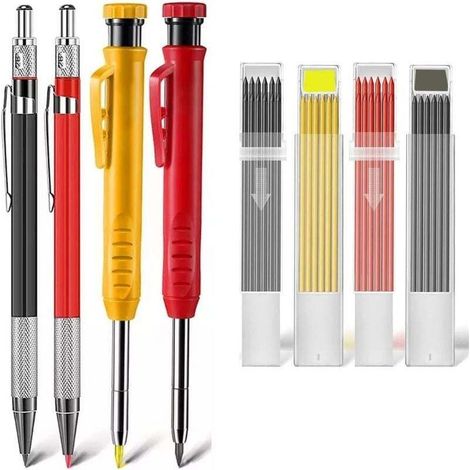 4 Pièces Crayons de Charpentier Mécaniques avec Taille-Crayon Intégré et 40 Recharge, Crayons de Menuiserie à Trous Profonds Solides pour le chantier,de menuiserie pour construction,OUYLAF (1/5)