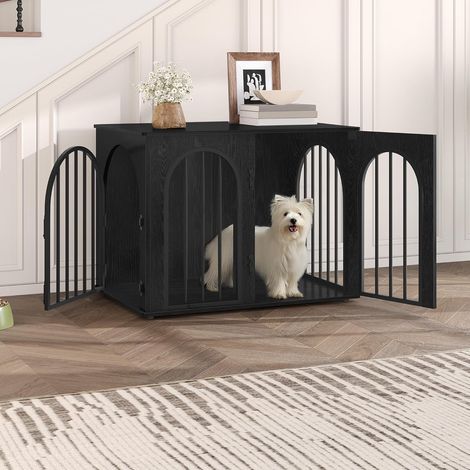 Cage pour chien 80 cm – Niche moderne en bois d'ingénierie et métal – 3 portes – Anti-mastication et anti-évasion – Pour chiens de taille moyenne