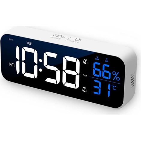 Digital alarm clock, LED digital alarm clock with alarm/snooze/temperature/sound control functions. Digital alarm clock, USB rechargeable mirror, 12/24 hour display for bedroom or office, white. (1/3)