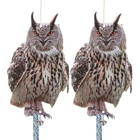Lot de 2 dispositifs anti-oiseaux en forme de hibou avec bande réfléchissante, pour effrayer les oiseaux et les pigeons dans un jardin, sur un toit, une terrasse, une fenêtre ou un balcon. (1/5)