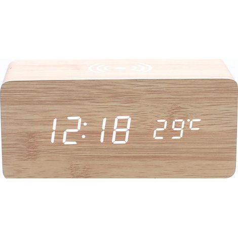 1pc Beige Wooden Alarm Clock with Qi Wireless Charger Compatible with iPhone Samsung Wooden LED Digital Clock Sound Control Function, Time, Date and Temperature Display (1/3)