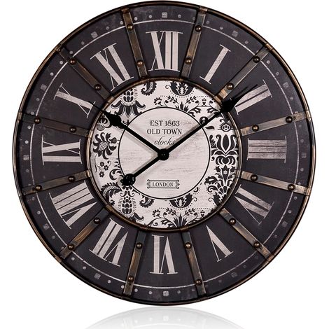 Melko Dekouhr 60CM Vintage Wand groß mit Metallrahmen Wanduhr Bahnhofsuhr Nebenuhr schwarz (1/4)