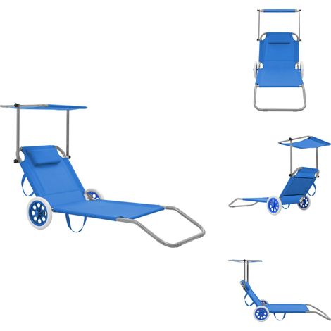 Chaise longue pliable avec auvent et roues Acier Bleu - Chaise Longue Pliable - Transat - Fauteuil De Jardin - Mobilier De Jardin - Relax (1/5)