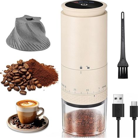Moulin à Café Électrique Portable, Moulin à Grains de Café avec Meule Conique en Céramique, 38 Réglages de Mouture et Affichage LED, Rechargeable USB pour Voyage, Camping et Bureau (blanc, L)