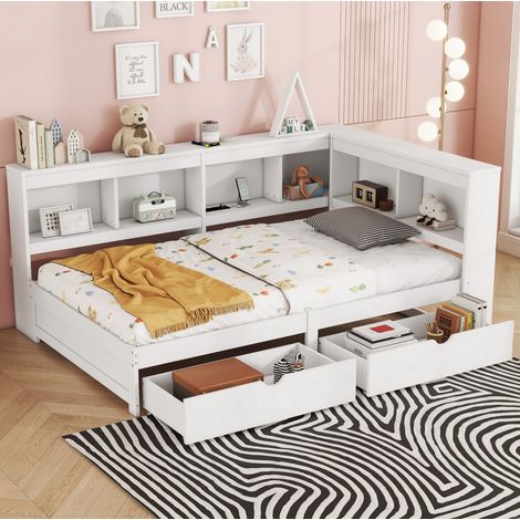 lit adulte rangement 90x200 panneau bois blanc USB double OKMYHOME (1/5)