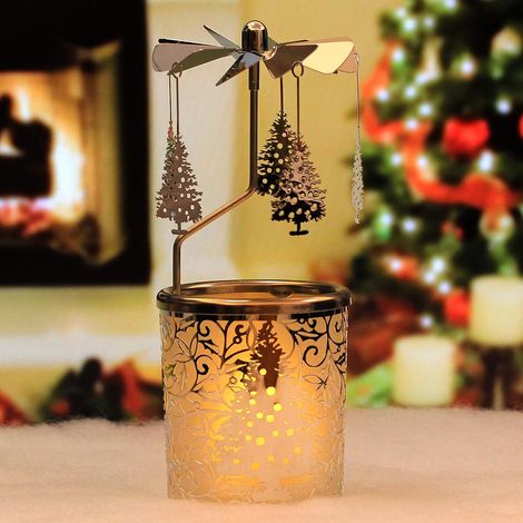 Bougeoir rotatif en forme de carrousel pour bougie chauffe-plat en forme d'arbre de Noël avec décoration plaquée argent pour spa, épouse ou maman, 15.2 cm de haut (RT-E01) (1/5)