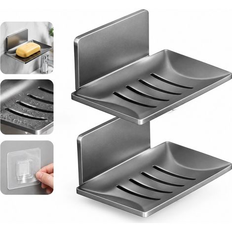 Lot de 2 Porte-Savon Mural Aluminium Gris Canon Amovible, 12,5 x 8,4 cm, Patch Adhesif Fourni pour Salle de Bain Douche et Lavabo (1/5)