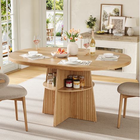 Table à manger ronde 110-150 x 110 x 77,5 cm couleur naturelle avec plateau extensible et étagère (1/5)