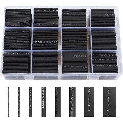 Gaine Thermorétractable 650pcs Tube Thermorétractable Noir 8 Tailles Ratio 2:1 Gaine Thermo Retractable Kit, Noire (1/5)