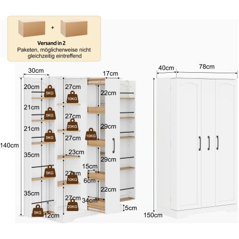 Armoire de Cuisine Blanche avec Étagère à Épices, Buffet Double Porte MDF, Tiroir Vertical 4 Niveaux, Étagères Réglables, 150x78x40 cm (1/4)