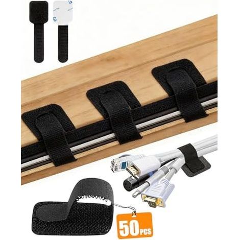 50 PCS Gestion des Câbles sous Bureau, Attache Câble Nylon Autocollantes, Scratch Réglables Organisateur de Câble, Adhésif Fort, Rangement Cable Bureau pour TV,PC,Ethernet (Noir) Noir - (1/5)