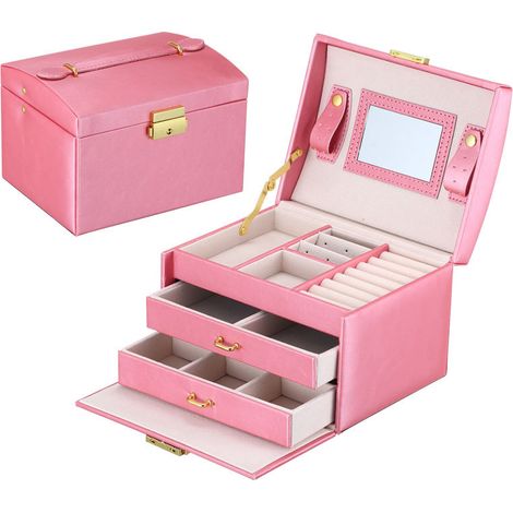 Boîte à Bijoux, Coffret pour Bijoux Boîte à Maquillage Bijoux et cosmétique Beauty Case à 3 Couches en Simili Cuir avec 2 Tiroirs, Miroir et Serrure 17.5x14x13cm (pastèque rouge) (1/2)