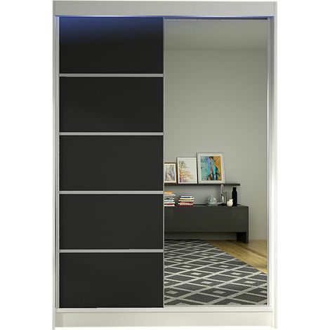 Armoire Closico Salvor III, Blanc + Noir, 200x120x58cm, Portes d'armoire: Coulissantes, Nombre d'étagères: 5, LED: Disponible
