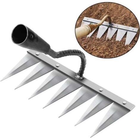 Rateau Jardin, Rateau de Désherbage Outils Jardinage, Rateau Gazon Scarificateur Manuel 7 Dents en Acier, pour Désherbage/Ameublissement du Sol/Semis (sans Bâton) (1/5)