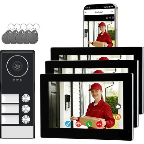 Interphone Vidéo Filaire avec 7 Pouces Moniteur Tactile,Platine de Rue avec Camera,Sonnette Vidéo Extérieur Vision Nocturne, Audio Bidirectionnel, 3-Family Kit (1/5)