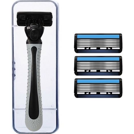 rasoir electriques hommes-Rasoir manuel à 6 lames avec revêtement doux pour la peau – Kit complet pour tous types de barbe (1 manche gris antidérapant + 4 lames noires et bleues six couches + étui de (1/5)