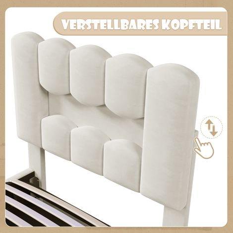 Lit capitonné, 90 x 200 cm, sans matelas, éclairage LED, mécanisme hydraulique, tête de lit réglable, velours, beige (1/5)