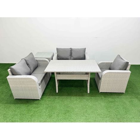Fimous High Back Poly Rattan Garden Furniture Set with Reclining Chair Loveseat Sofa Rectangular Dining Table Indoor Outdoor Patio Set Side Table Light Grey (1/4)