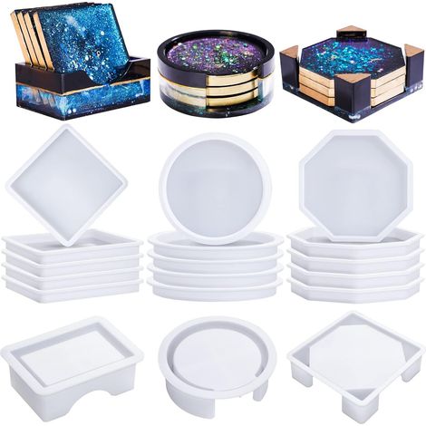 15 PièCes moule silicone resine epoxy, dessous de verre en silicone Moule pour BoîTe De Rangement avec Dessous, 3 formes (ronde, carrée et octogonale) peuvent être utilisées pour les tables à manger (1/5)