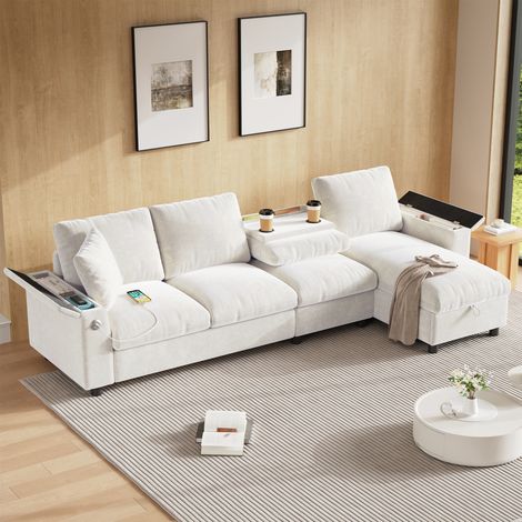 Canapé d’angle réversible 4 places beige en chenille, canapé en L avec accoudoirs de rangement, tablette rabattable, porte-gobelets, USB et USB-C (1/5)