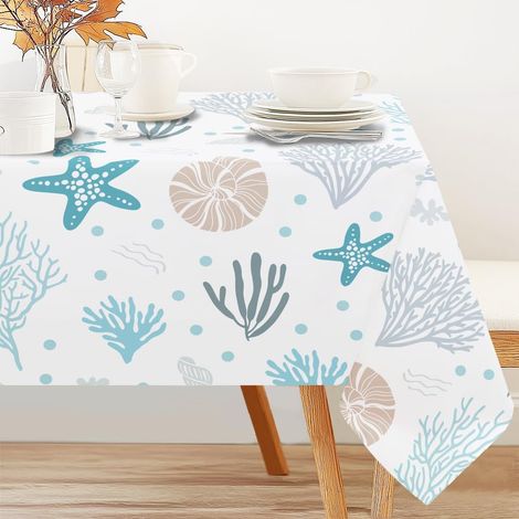 Nappe rectangulaire motif océan - 152,4 x 228,6 cm - Imprimé coraux - Imperméable - Lavable - Pour la maison, la cuisine, la fête, le pique-nique, le barbecue, le dîner, bleu clair (1/5)