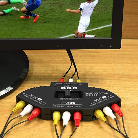 Commutateur Audio Vidéo RCA 3 Entrées 1 Sortie avec Câble pour Lecteur DVD/VHS, Noir