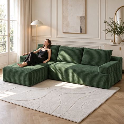 Canapé d'angle Vert convertible réversible 263x171x 59cm, Canapé compressé modulaire combinaison libre, Canapé 4 places avec grande méridienne en Velours côtelé confortable (1/5)