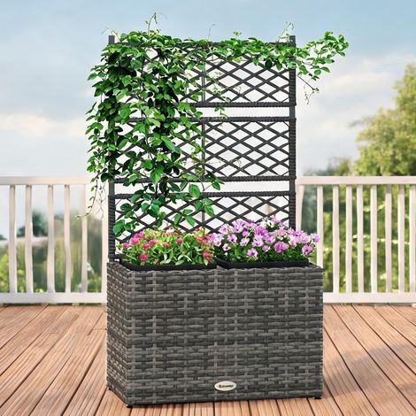 Jardinière avec treillis 2 bacs 57 x 30 x 107 cm acier et rotin (1/5)