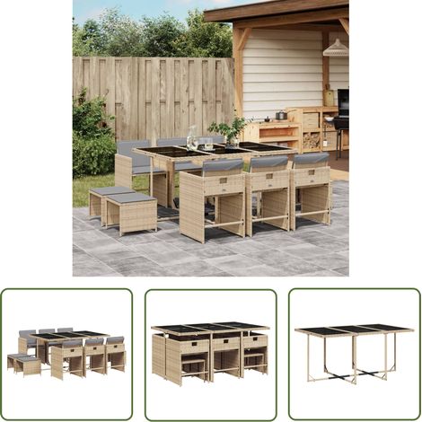 The Living Store 11-tlg. Garten-Essgruppe mit Kissen Beigemischung Poly Rattan - Gartenmöbel Set - Essgruppenset - Gartentisch - Gartenstühle - Gartenhocker (1/5)